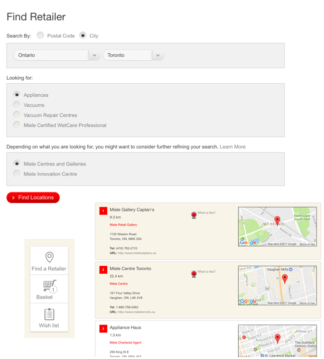 Screenshot of the Miele website's find a retailer tool. 
