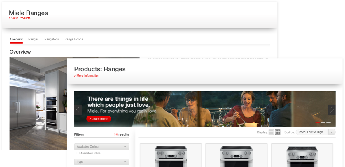 Screenshot of the Miele Ranges product pages.