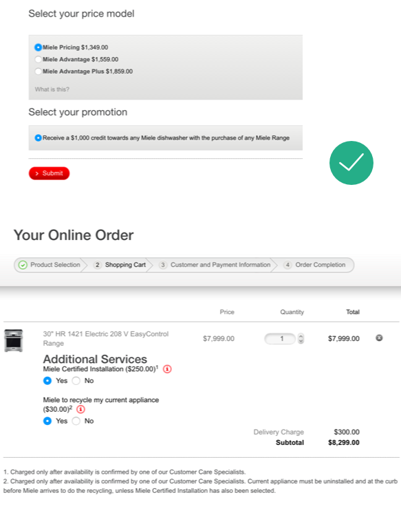 Screenshot of an order page on the Miele ecommerce website. 