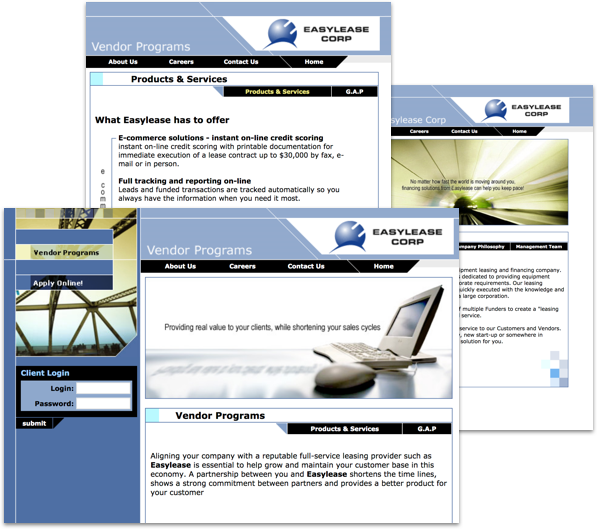 Screenshots of EasyLease Corp website designed by Whitecap. 