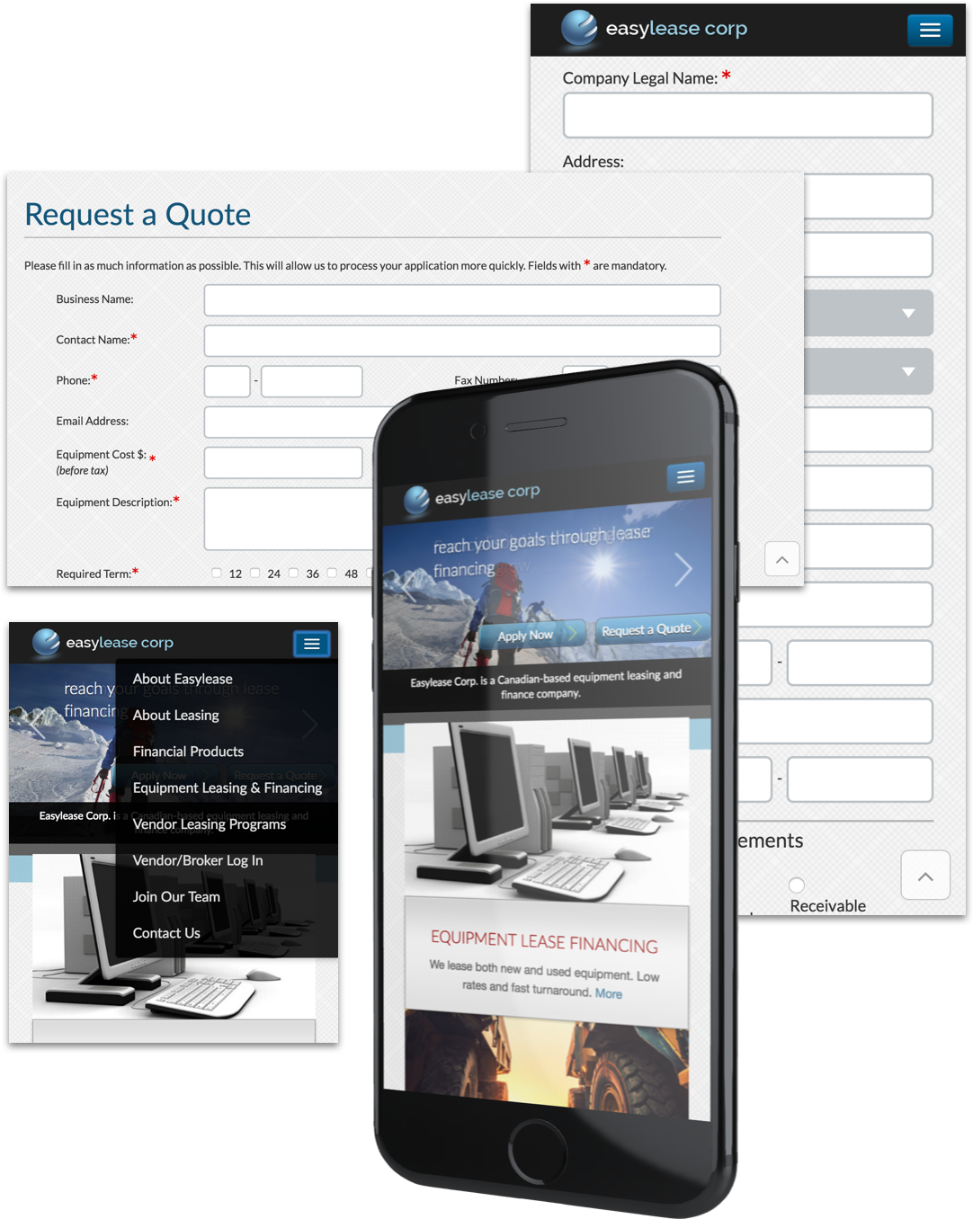 Screenshots of EasyLease Corp mobile website view and request a quote page. 