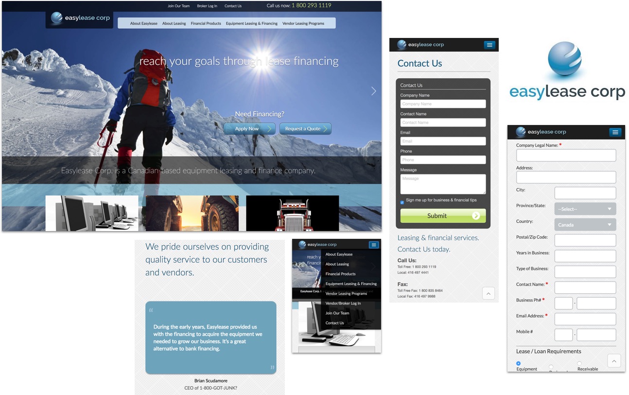 Screenshots of EasyLease Corp website in desktop view and Contact us page.