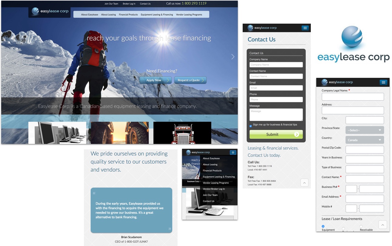 Screenshots of EasyLease Corp website in desktop view and Contact us page. 