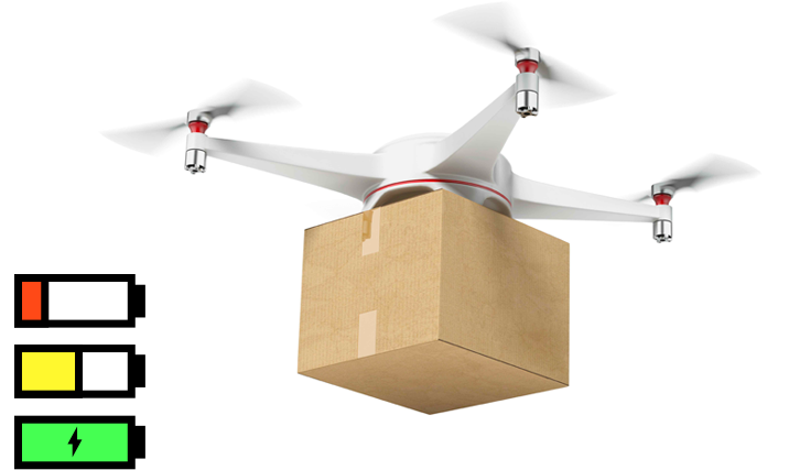 Image of a drone with a package in flight. 