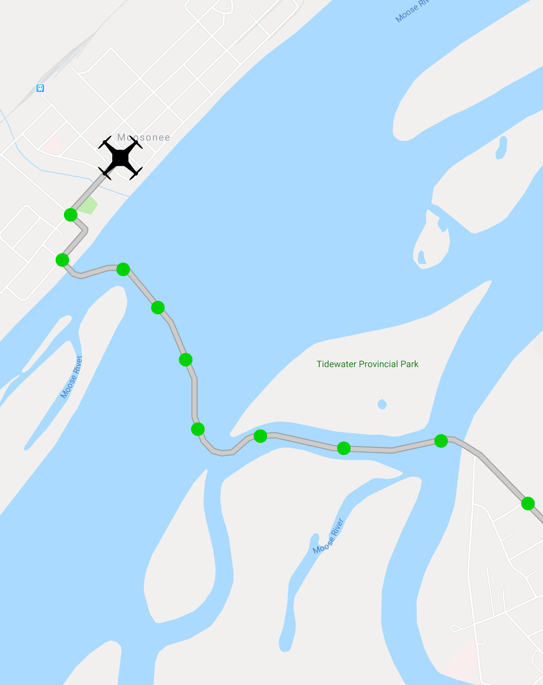 Graphic of a drone flying from point a to point b. 