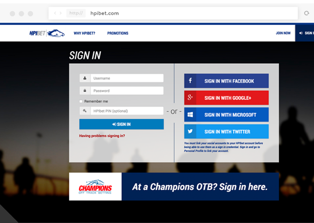 Screenshot of HPIBet login page.