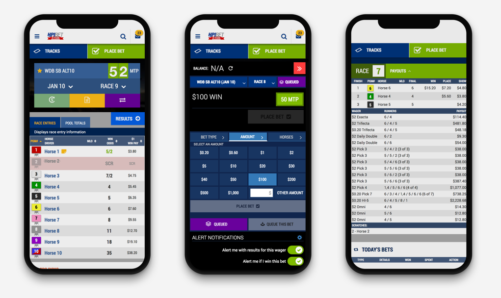 Image pf three mobile phones with view of HPIBet dashboard.