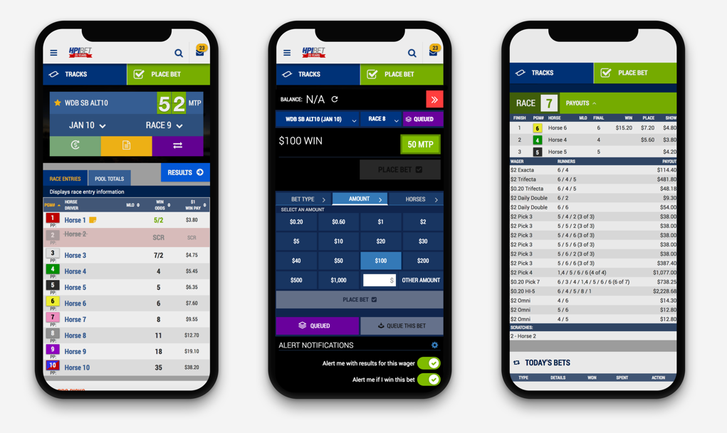 Image pf three mobile phones with view of HPIBet dashboard. 