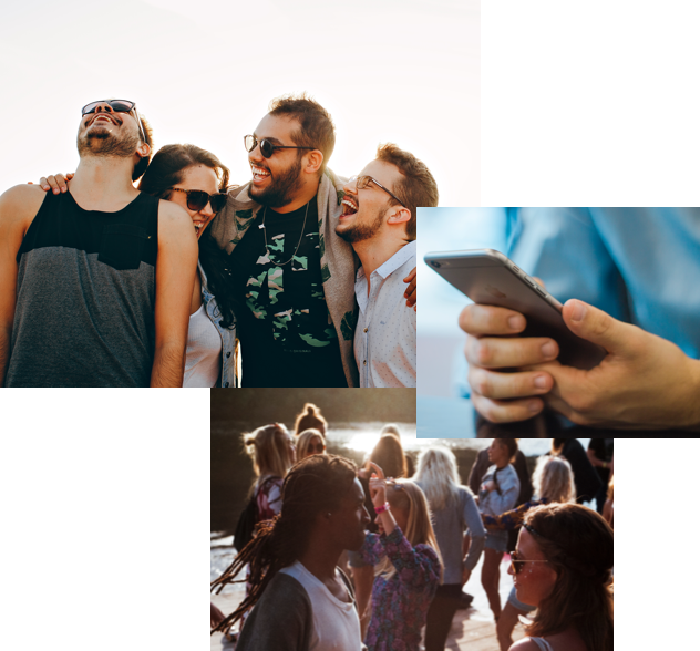 Collage of images with people having a good time and using their mobile devices. 