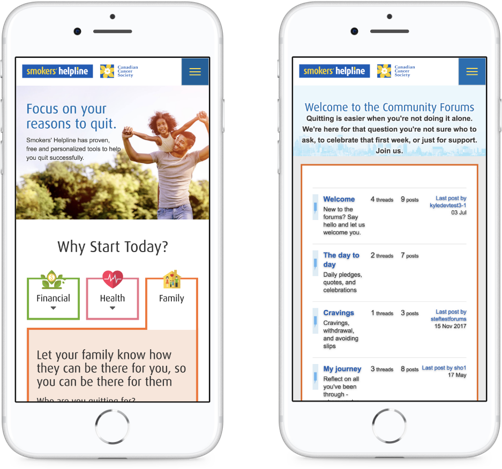 mobile screenshots of smokershelpline.ca