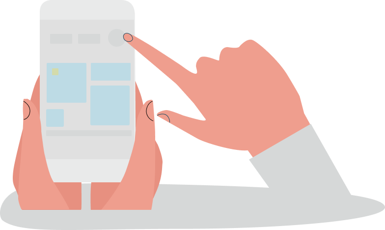 Illustration of mobile phone and a person scrolling through a mobile app on the display.