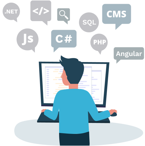 Illustration of a developer working with various application development tools and technologies, such as ASP.NET, C#, PHP, JavaScript, HTML and CSS.