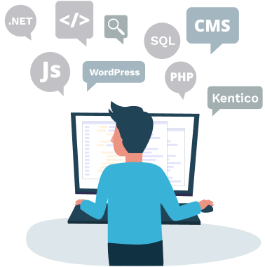 Illustration of a developer working with various web development tools and technologies, such as ASP.NET, PHP, SQL, JavaScript, WordPress and Kentico.