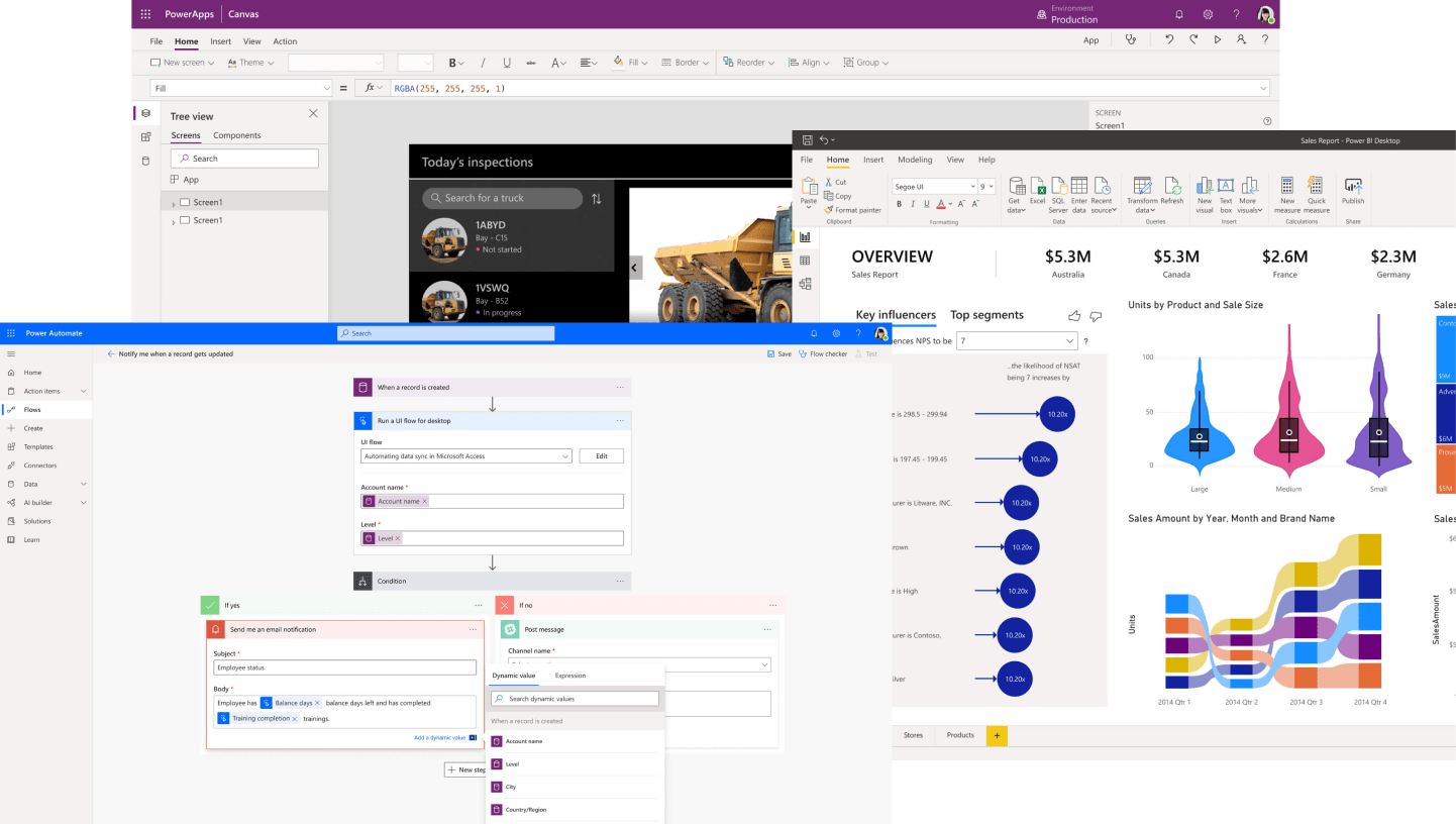 Examples of Power Platform business application dashboards. 