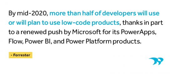 By mid-2020, more than half of developers will use or will plan to use low-code products, thanks in part to a renewed push by Microsoft for its Power Apps, Flow, Power BI, and Power Platform products. Forrester