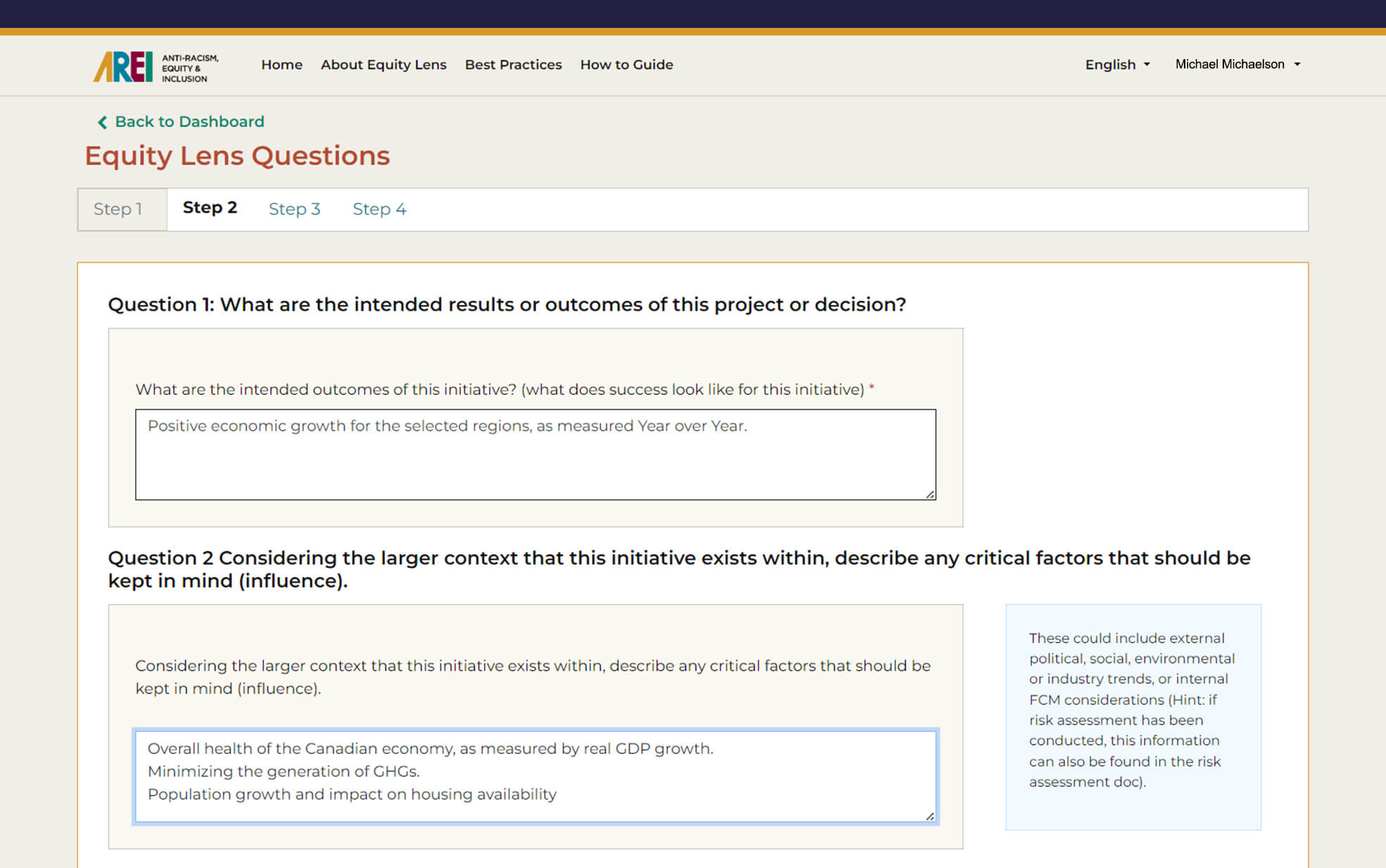 FCM Equity Lens questions screen - step 2