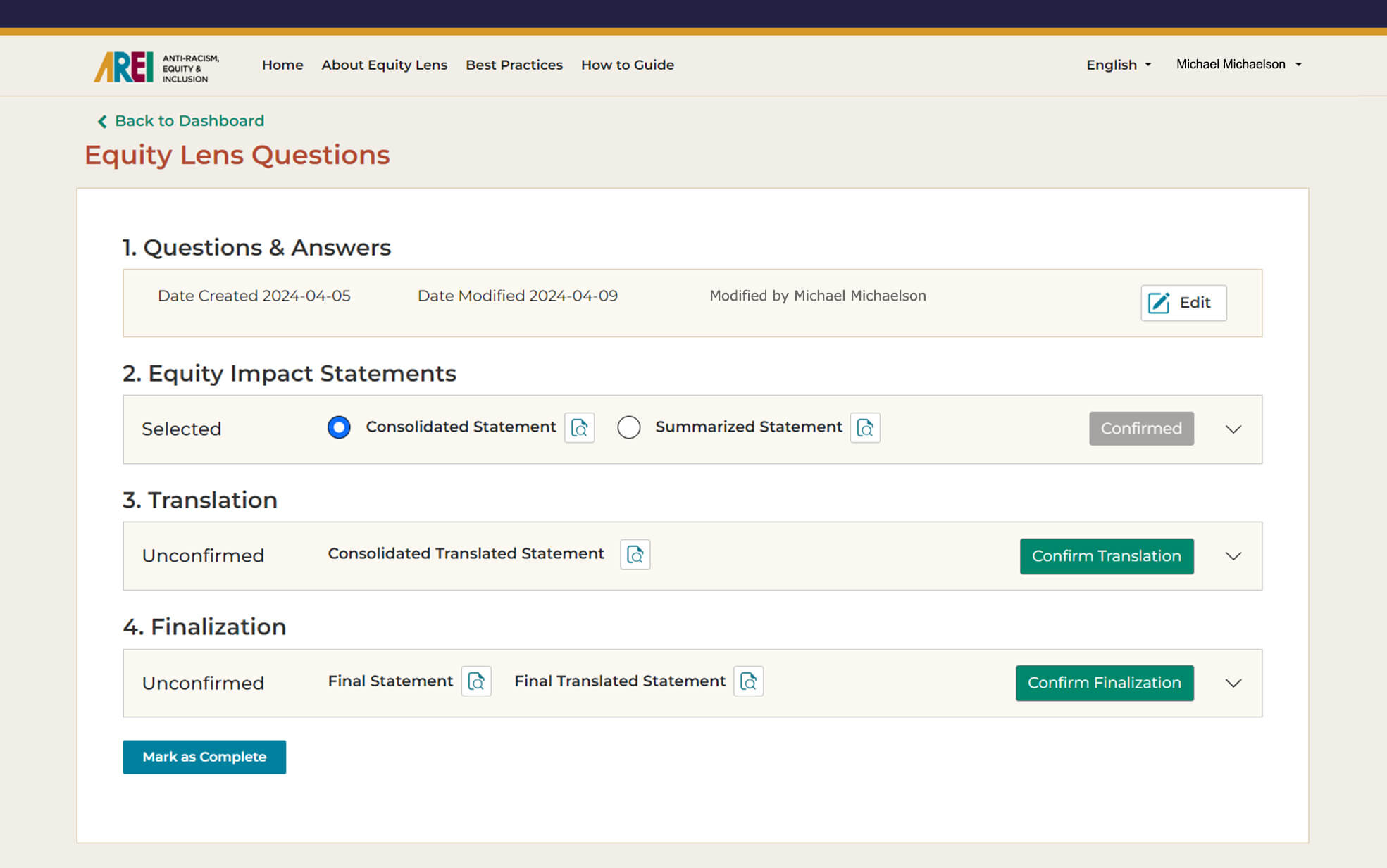 FCM Equity Lens questions confirmation screen