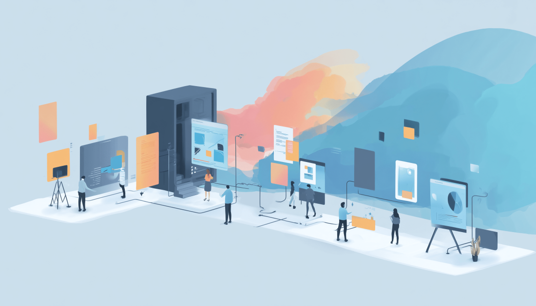 Illustration of rapid prototyping and design with many steps and screens to design.