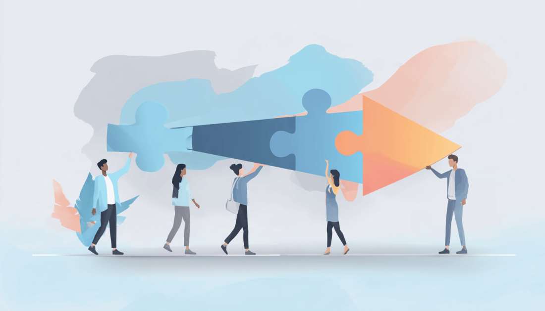 A image depicting a group of people holding up pieces of puzzles to form an arrow.