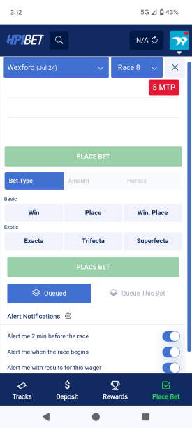 HPIbet bet panel displayed on an Android screen