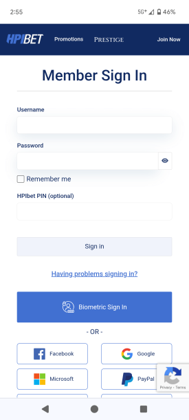 HPIbet member sign in displayed on an Android screen