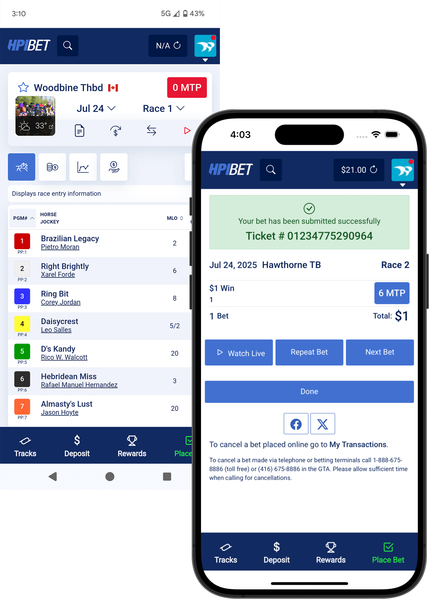 HPIbet racing and bet confirmation screens