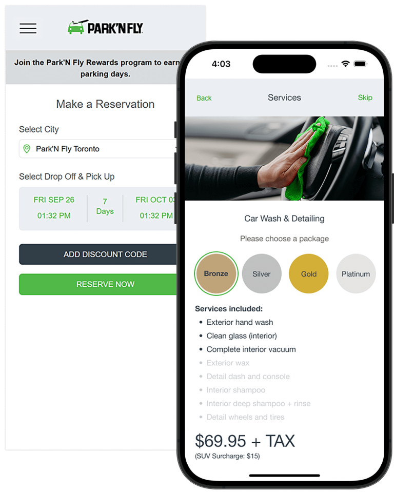 Park'N Fly mobile application reservation and services screens