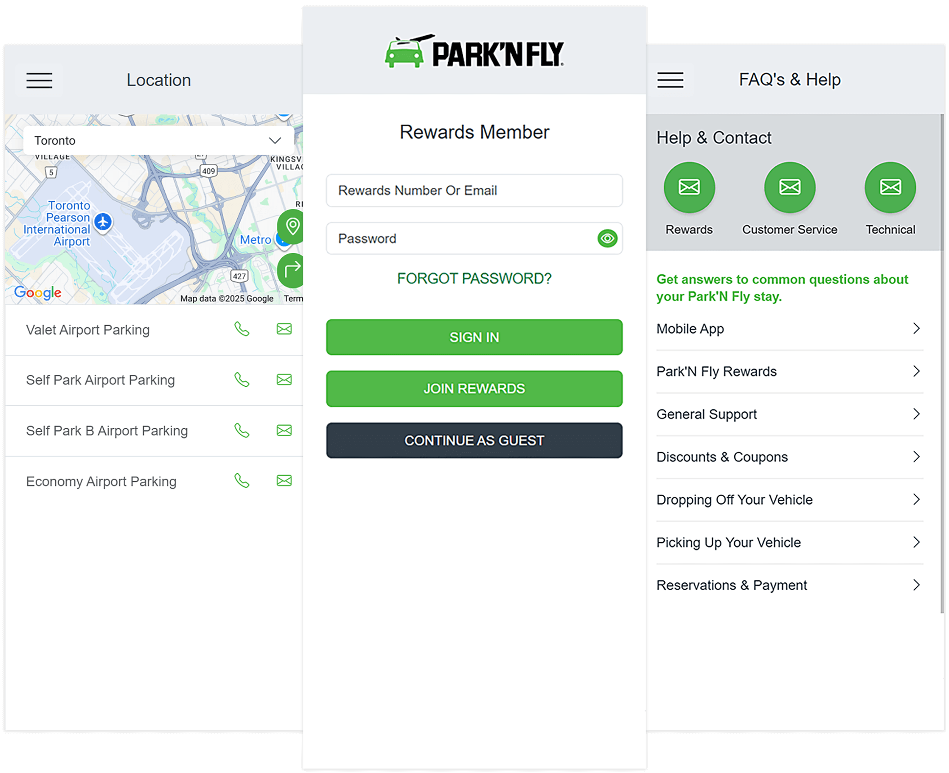 Park'N Fly mobile application location, login and FAQ screens