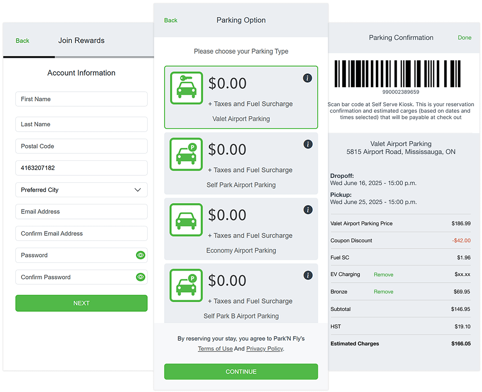 Park'N Fly mobile application rewards, parking options and parking confirmation screens