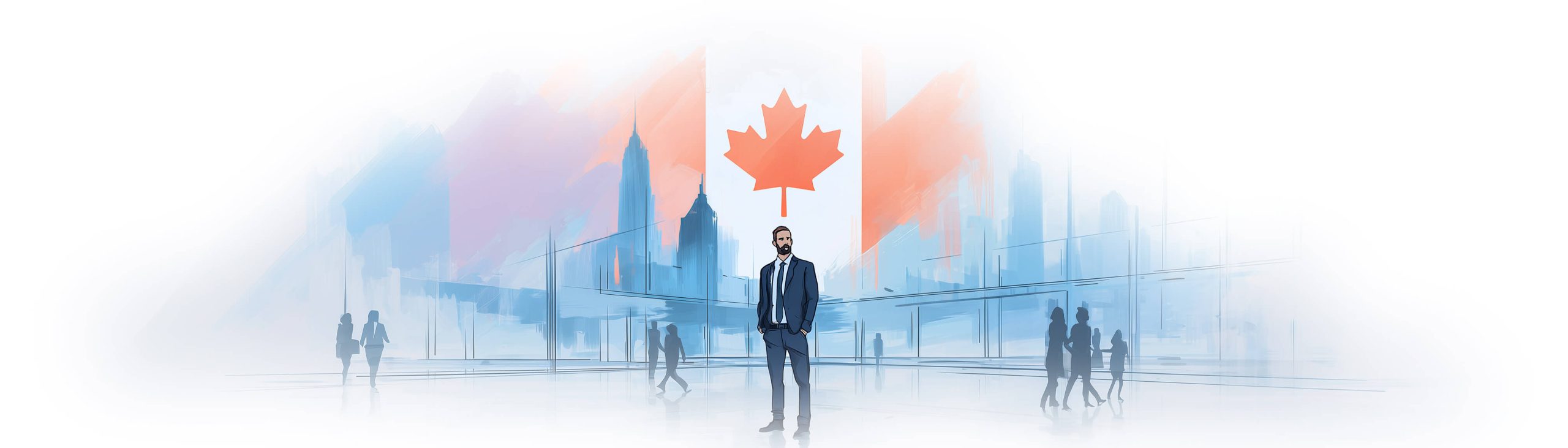 Canadian business professional standing confidently with a subtle Canadian maple leaf flag reflected in glass architecture, clean corporate environment, soft natural lighting