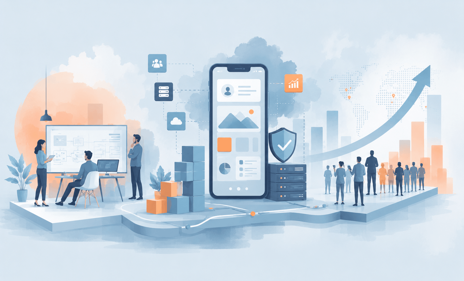 Concept illustration depicting the idea of a mobile app that is developed to adapt as a business grows.