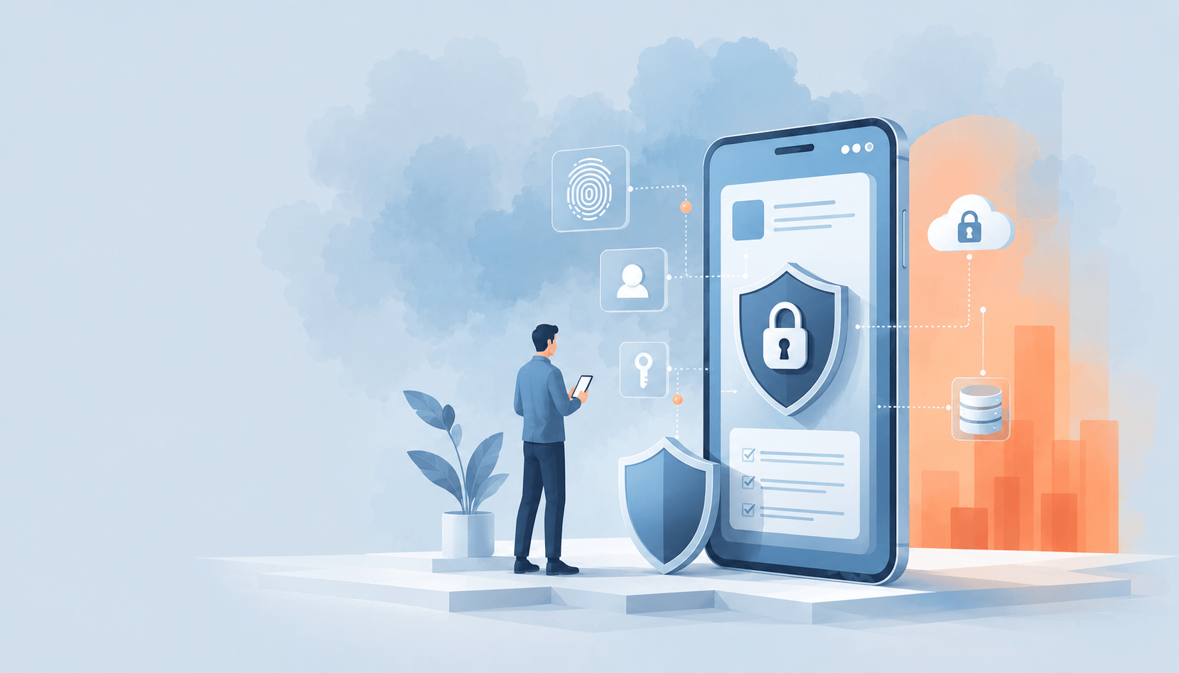 Concept illustration showing a man looking at a mobile device displaying a mobile app with security features.